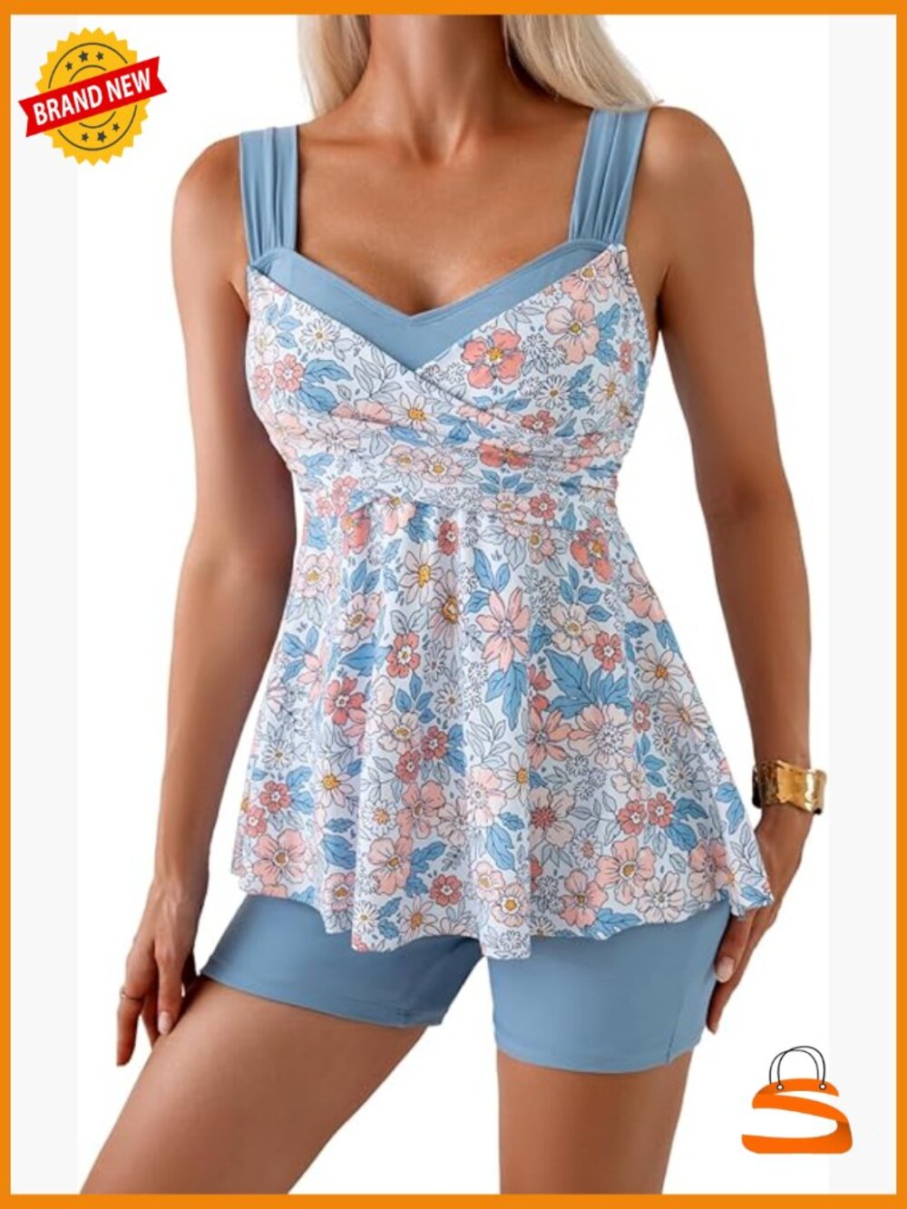 Tummy Control Tankini Set with Boyshorts - Floral Pattern Push Up Top
